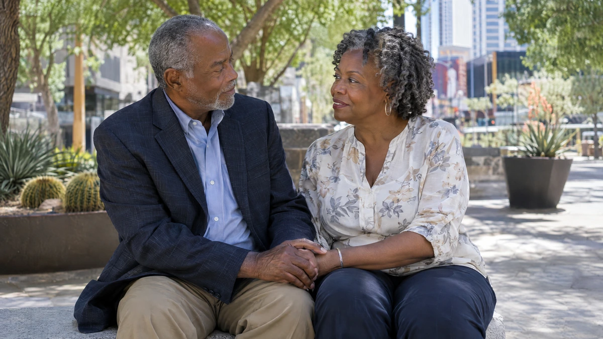 An older couple waits together on a bench in a downtown Las Vegas plaza.