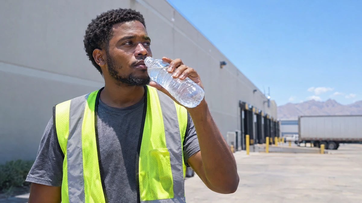 A warehouse worker takes a water break during his shift in North Las Vegas.