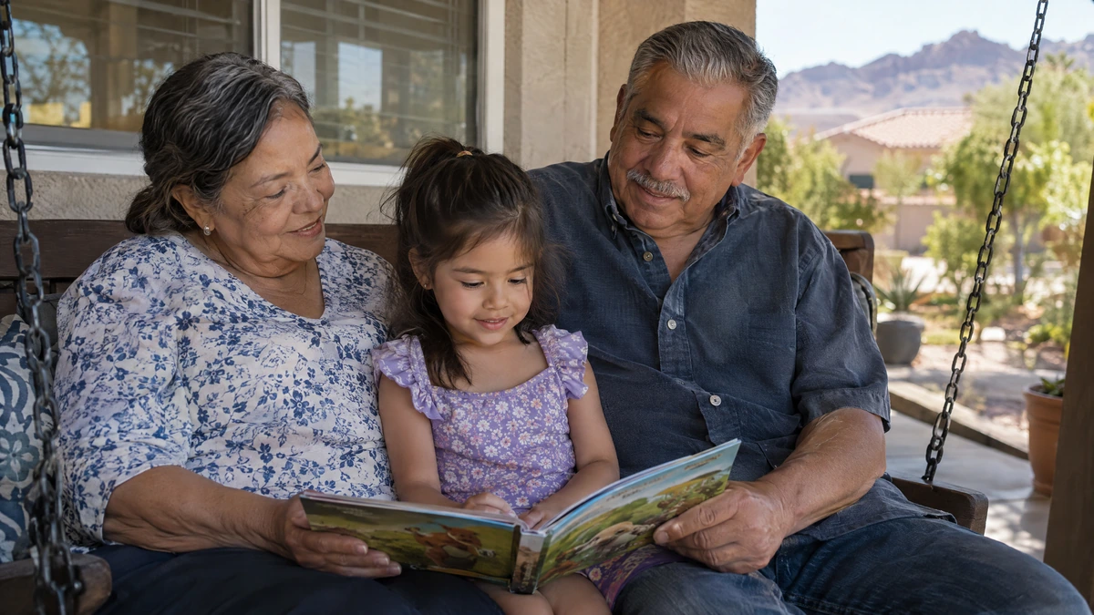Grandparents read to their granddaughter on the porch of their Henderson home.