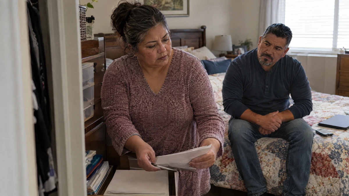 A woman gathers property records while discussing a home sale and the bankruptcy estate.