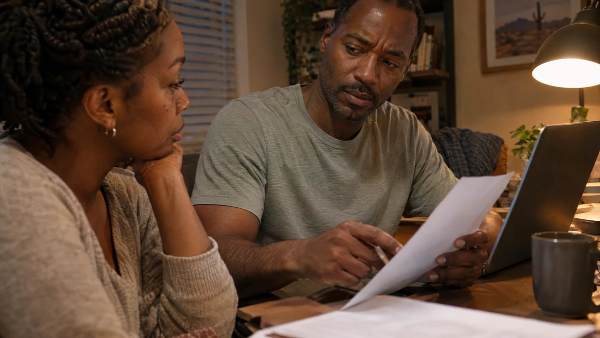 A man compares mortgage records and sale estimates for a bankruptcy court approval request.
