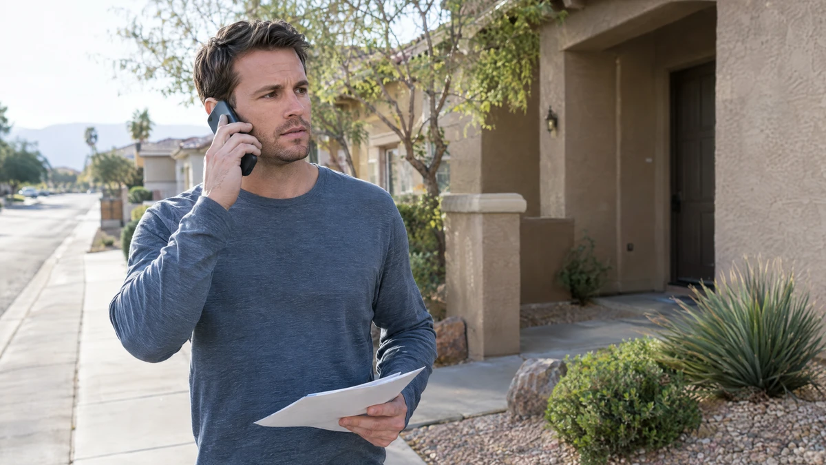 A homeowner calls outside his house about bankruptcy court approval for a sale.