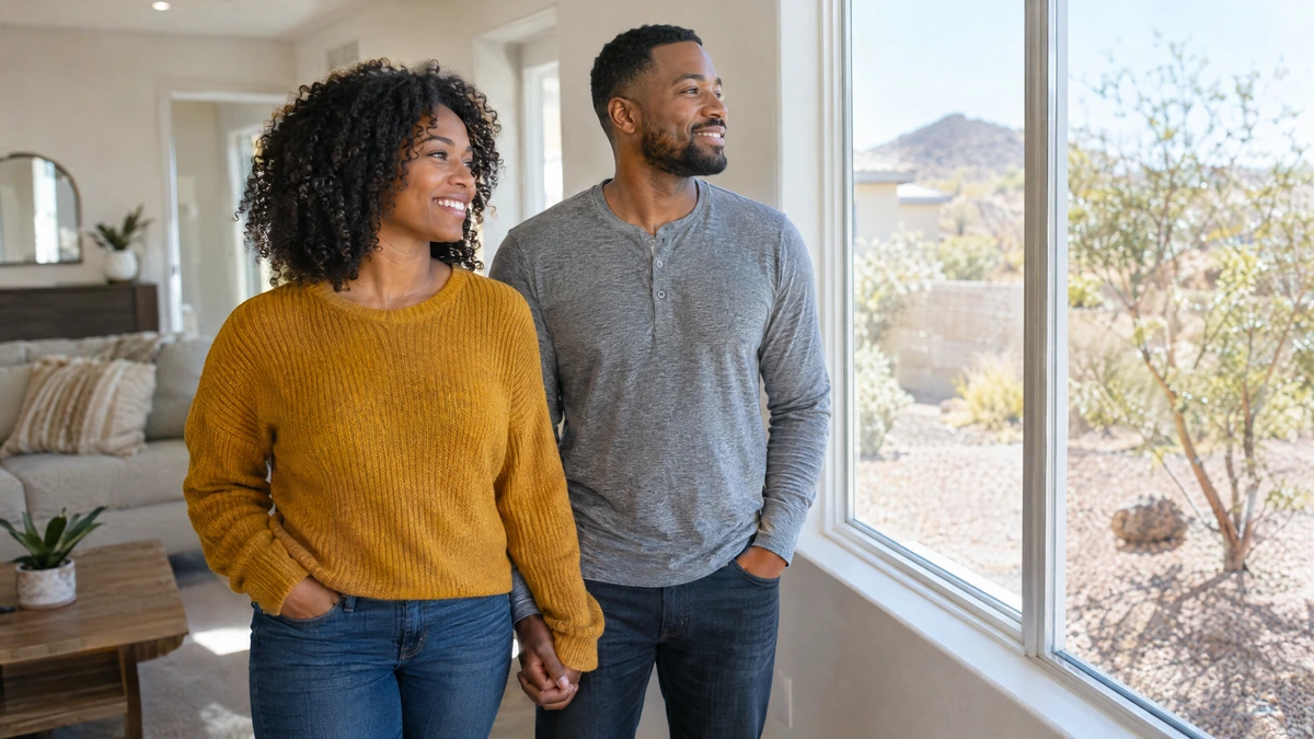 A couple looks over a home they hope to buy once their waiting period ends.