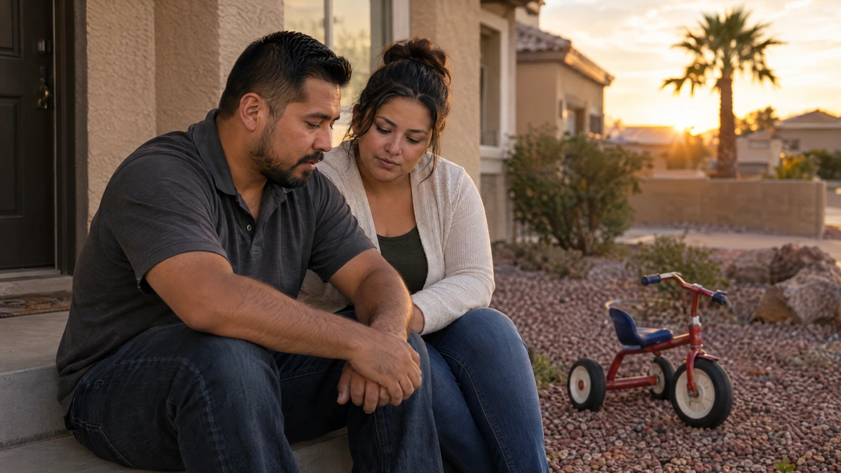 A couple talks on their front steps about what a short sale means for their credit.