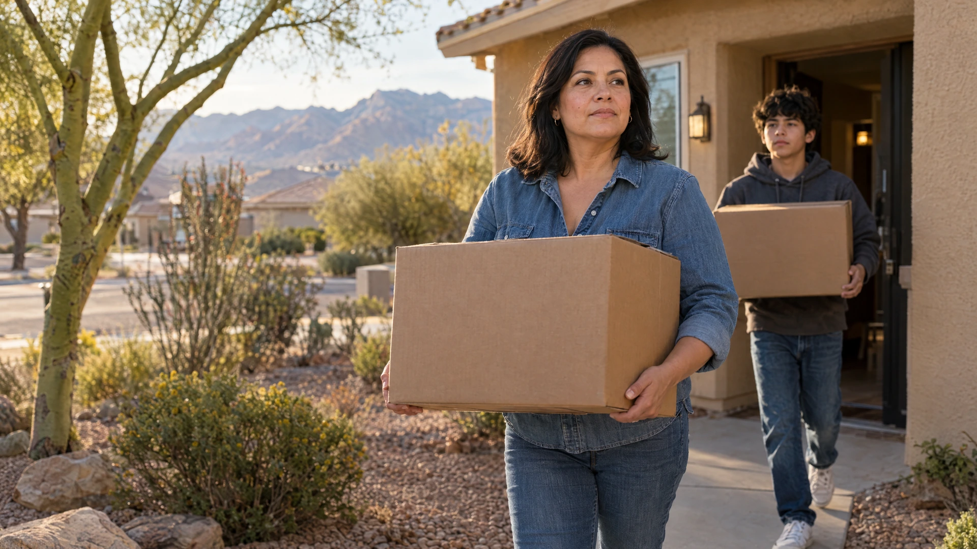 A mother and her teenage son carry moving boxes out of their Las Vegas home after a short sale.