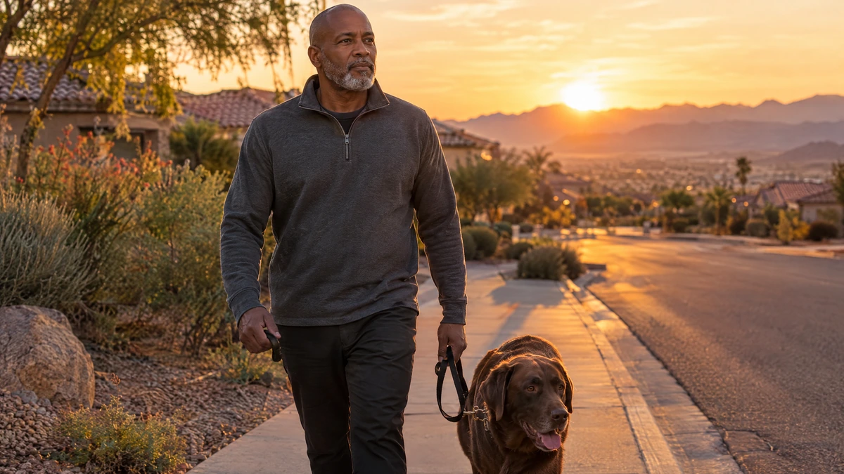 A man walks his dog through his Henderson neighborhood while weighing a short sale against foreclosure.
