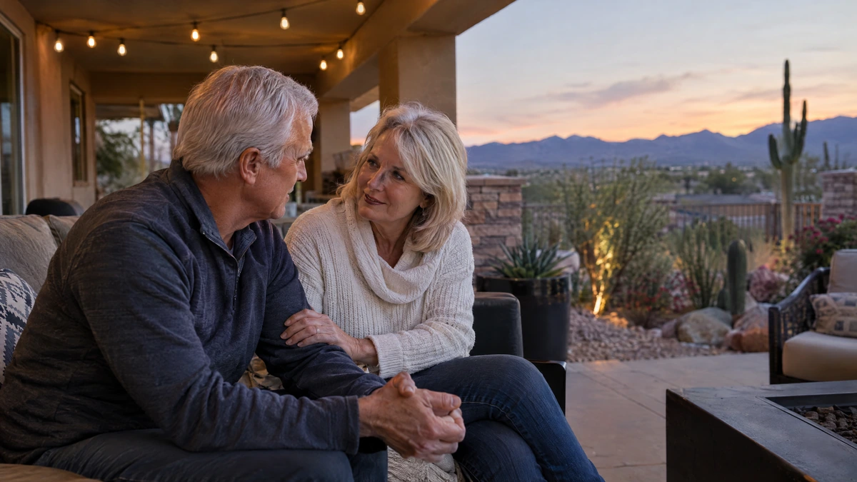 A husband and wife talk together on their back patio at dusk.