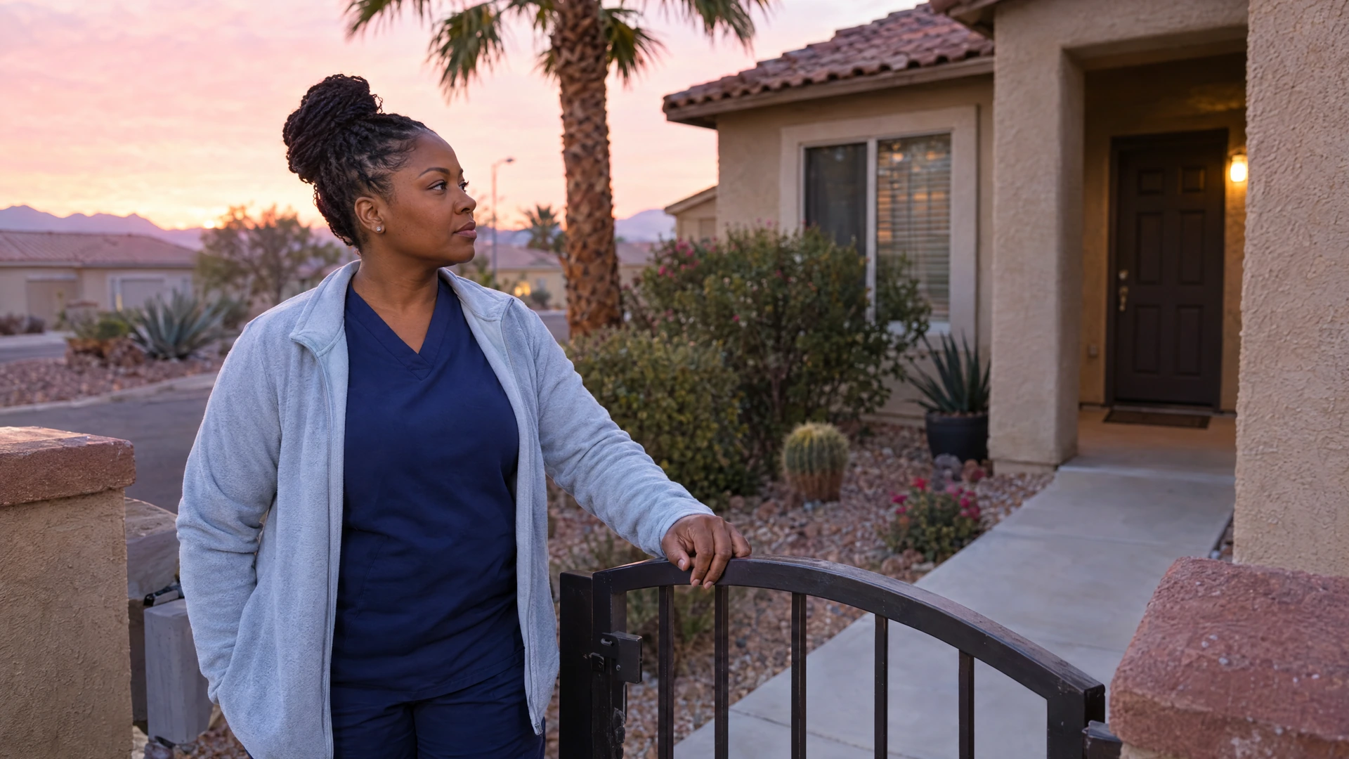 A woman in medical scrubs stands at the front gate of her North Las Vegas home before her shift.